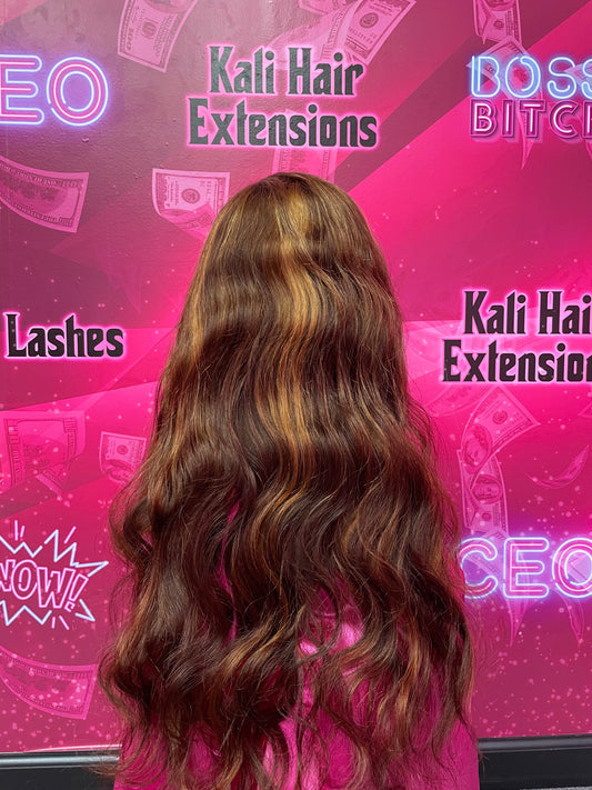 "Kali" Transparent lace frontal wig brown & honey blonde highlights