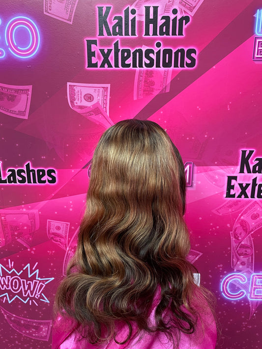 "Kali" Transparent lace closure wig brown & honey blonde highlights
